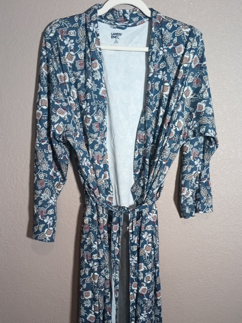 Lands' End Floral Blue Tie-Waist Robe